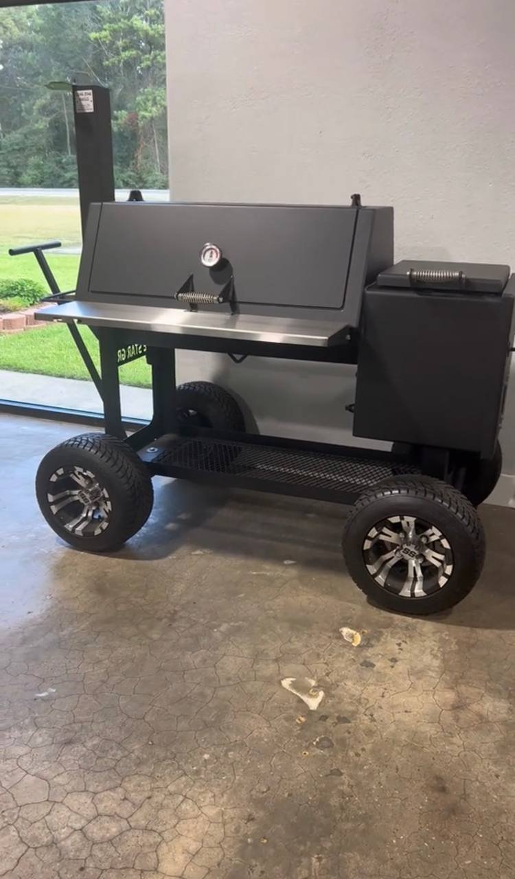 Angled Lid Offset Smoker on Off-Road Tires